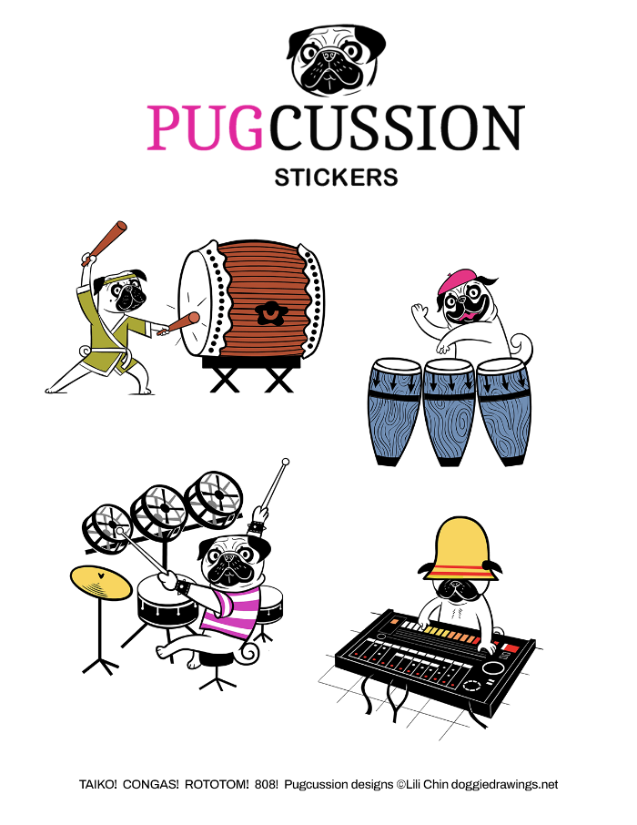 PUGCUSSION pugs & drums sticker sheet