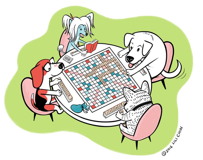 DOGS PLAYING SCRABBLE print